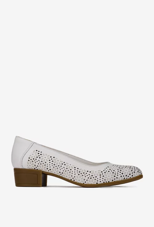Pantofi dama albi din piele cu model floral si perforatii