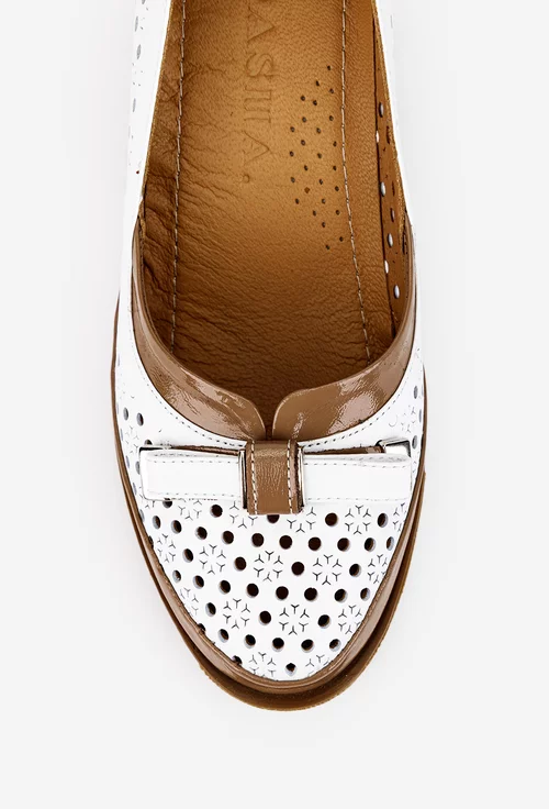 Pantofi dama albi din piele cu model perforat si toc