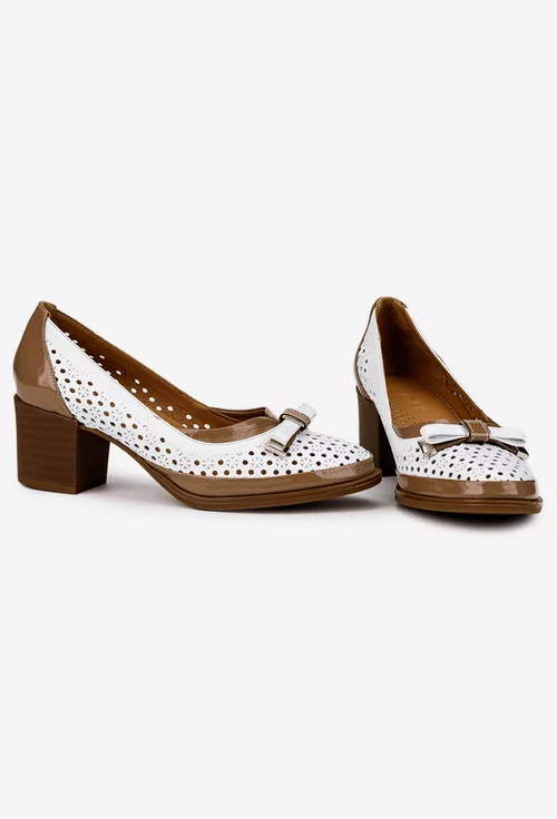 Pantofi dama albi din piele cu model perforat si toc