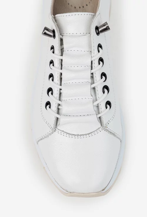 Pantofi dama albi din piele cu siret elastic
