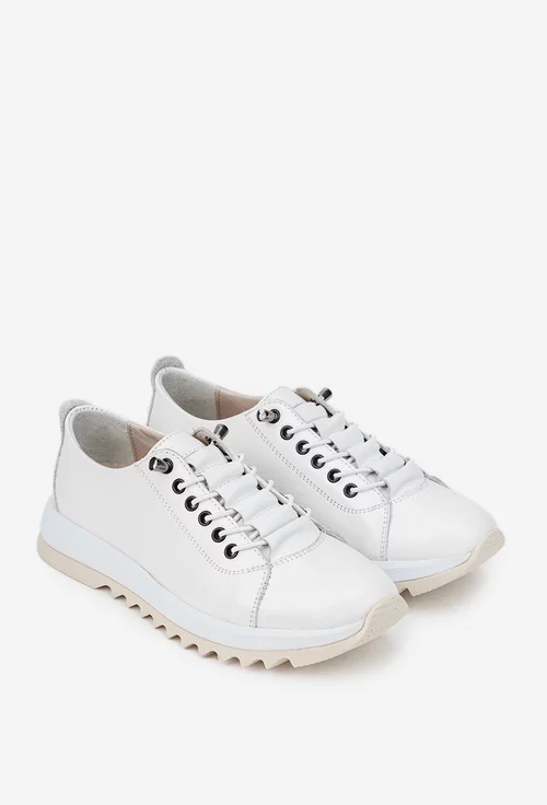 Pantofi dama albi din piele cu siret elastic