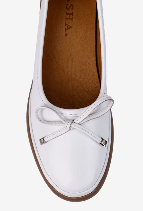 Pantofi dama albi din piele naturala cu accesoriu funda