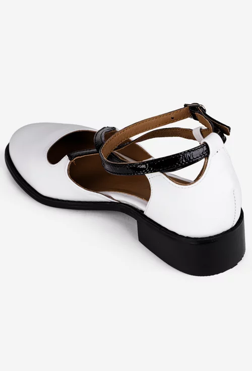 Pantofi dama albi din piele naturala cu barete negre