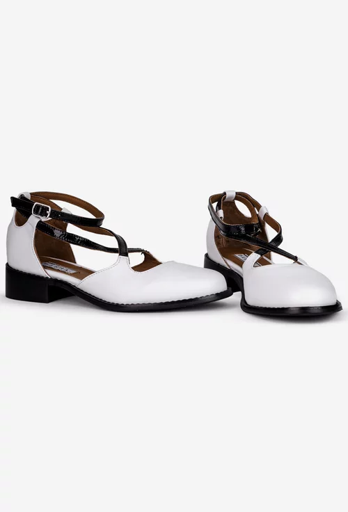 Pantofi dama albi din piele naturala cu barete negre