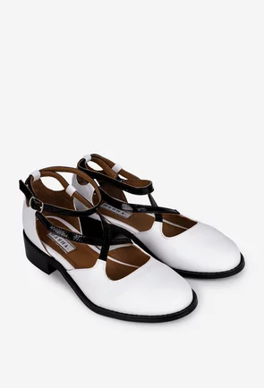 Pantofi dama albi din piele naturala cu barete negre