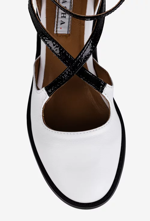 Pantofi dama albi din piele naturala cu barete negre