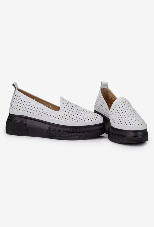 Pantofi dama albi din piele naturala cu model perforat