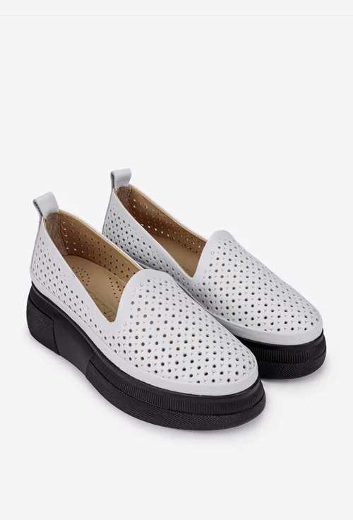Pantofi dama albi din piele naturala cu model perforat