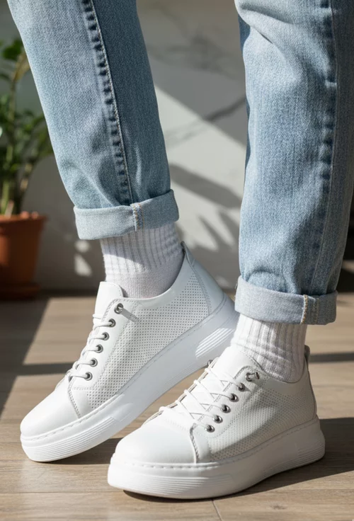 Pantofi dama albi din piele naturala cu siret elastic