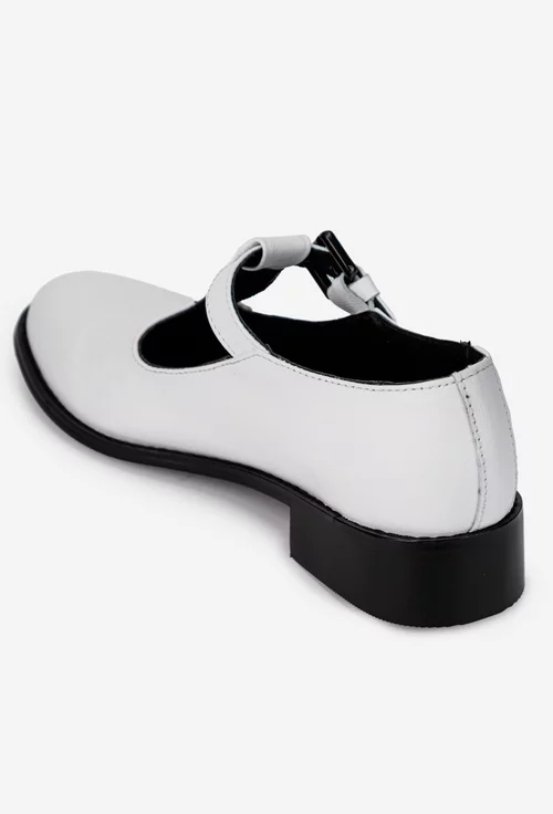 Pantofi dama albi din piele naturala  cu talpa neagra si bareta