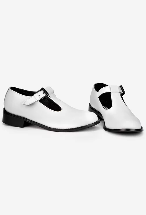 Pantofi dama albi din piele naturala  cu talpa neagra si bareta