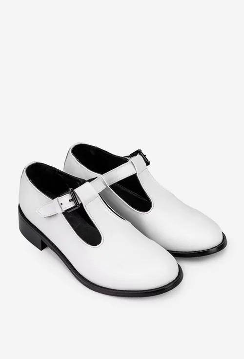 Pantofi dama albi din piele naturala  cu talpa neagra si bareta