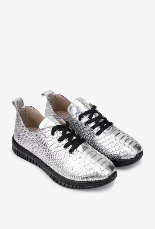 Pantofi dama argintii din piele cu model