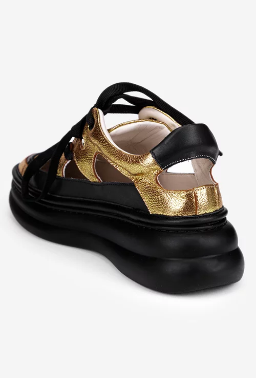 Pantofi dama aurii cu negru din piele cu decupaje
