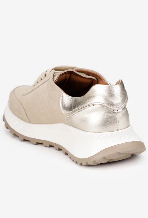 Pantofi dama bej cu auriu din piele intoarsa