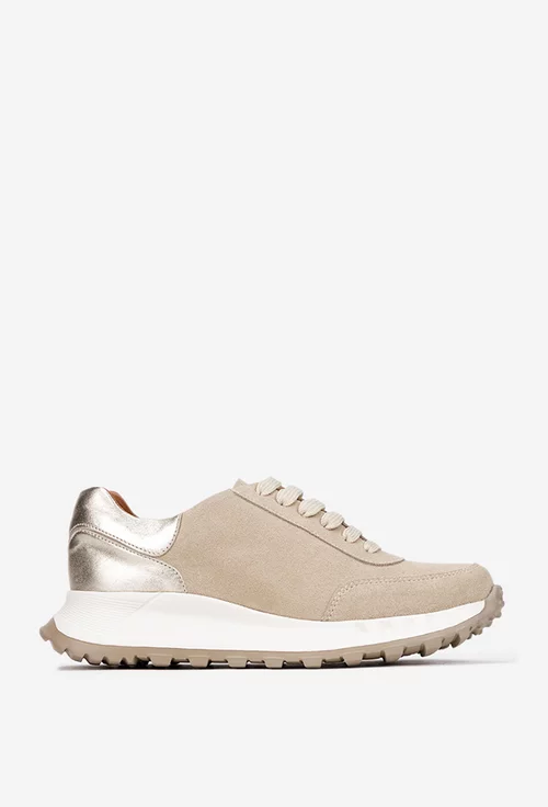 Pantofi dama bej cu auriu din piele intoarsa