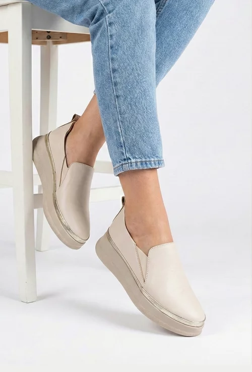 Pantofi dama bej cu auriu din piele naturala cu elastic