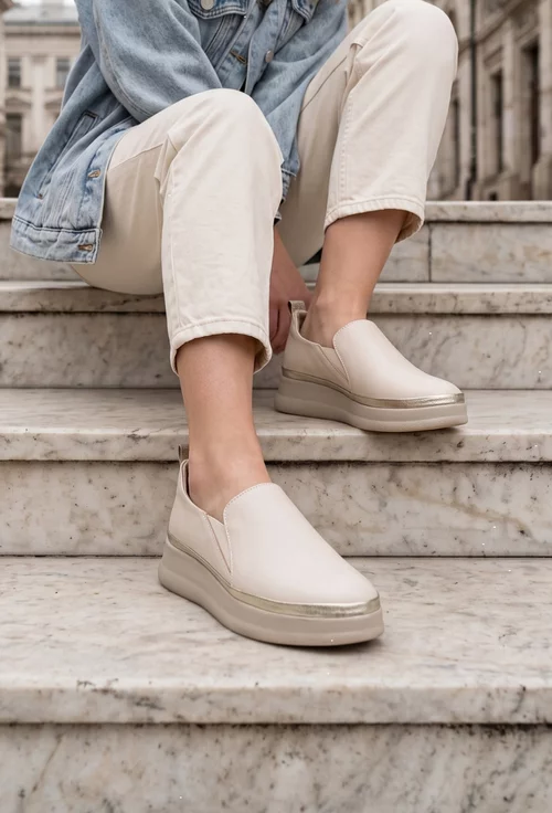 Pantofi dama bej cu auriu din piele naturala cu elastic picture - 2