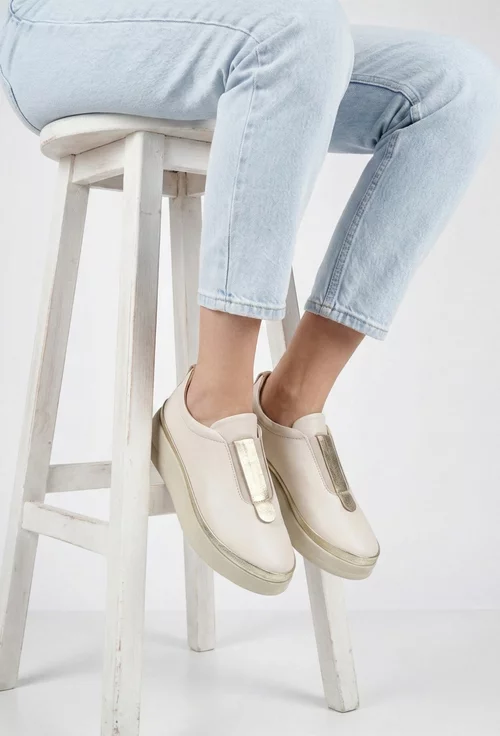 Pantofi dama bej cu auriu din piele naturala cu elastic