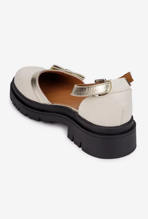 Pantofi dama bej cu auriu din piele naturala cu funda