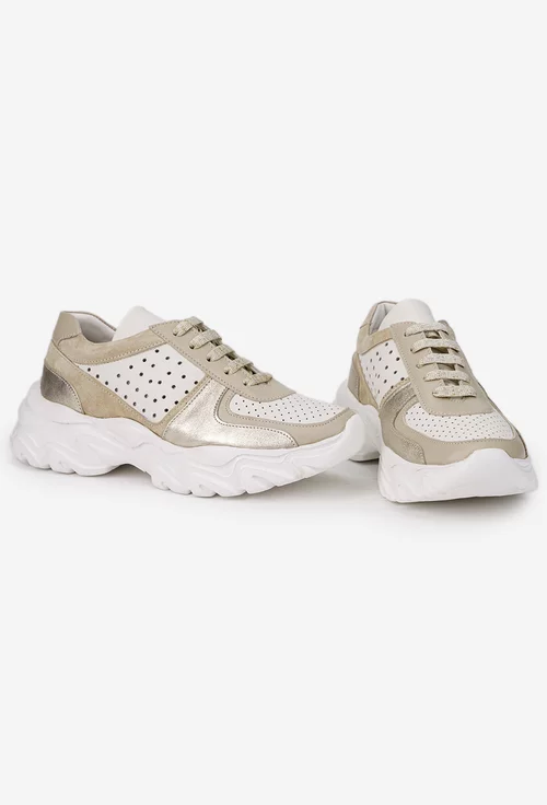 Pantofi dama bej cu auriu din piele naturala cu insertii sclipitoare