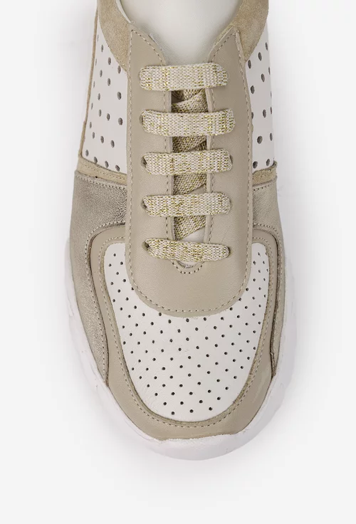 Pantofi dama bej cu auriu din piele naturala cu insertii sclipitoare