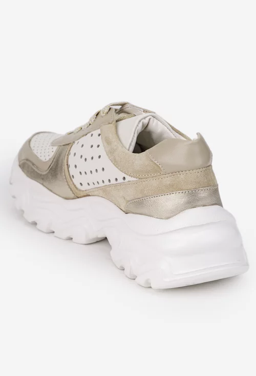 Pantofi dama bej cu auriu din piele naturala cu insertii sclipitoare