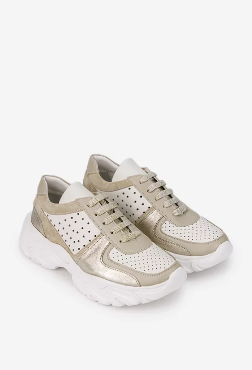 Pantofi dama bej cu auriu din piele naturala cu insertii sclipitoare