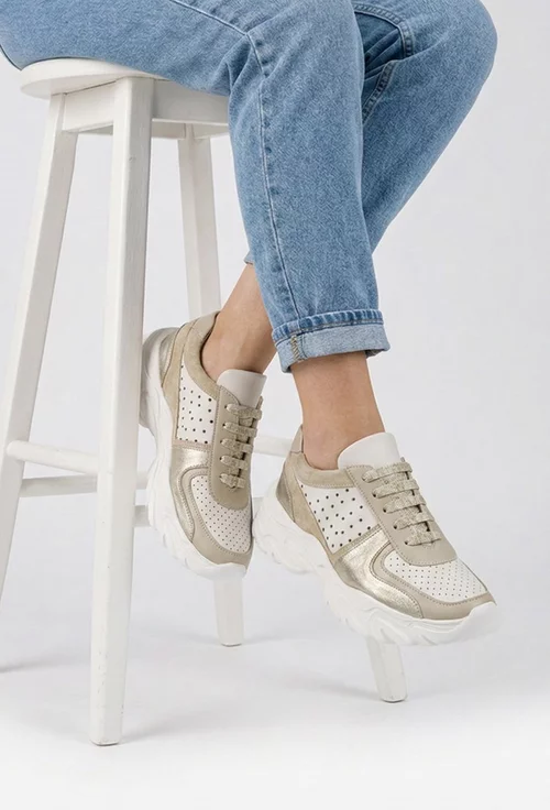 Pantofi dama bej cu auriu din piele naturala cu insertii sclipitoare