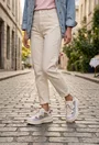 Pantofi dama bej cu bleu din piele cu decupaje