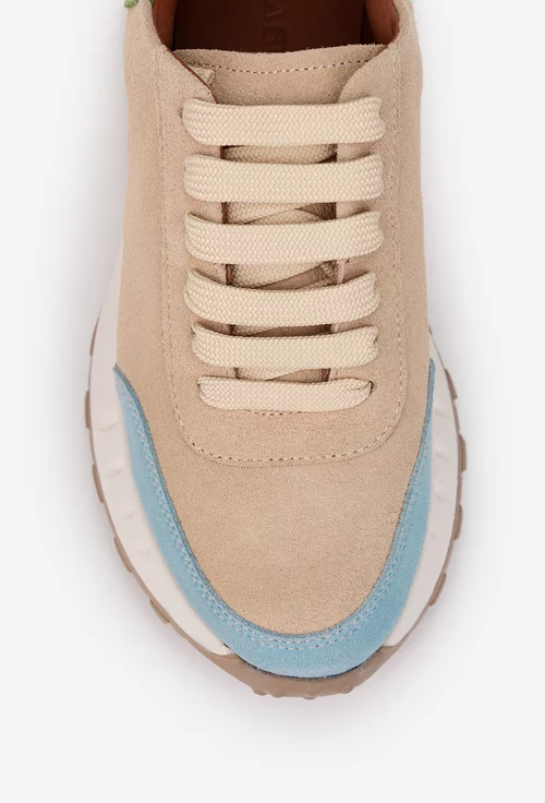 Pantofi dama bej cu detalii colorate din piele intoarsa