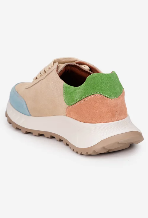 Pantofi dama bej cu detalii colorate din piele intoarsa