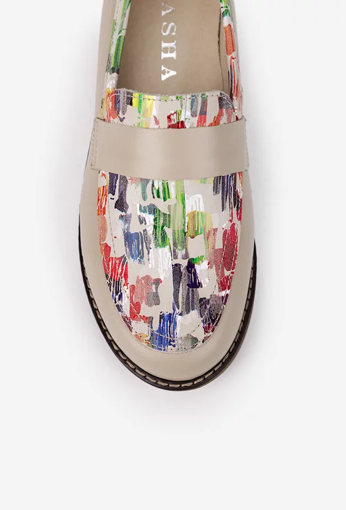 Pantofi dama bej cu detalii colorate din piele naturala