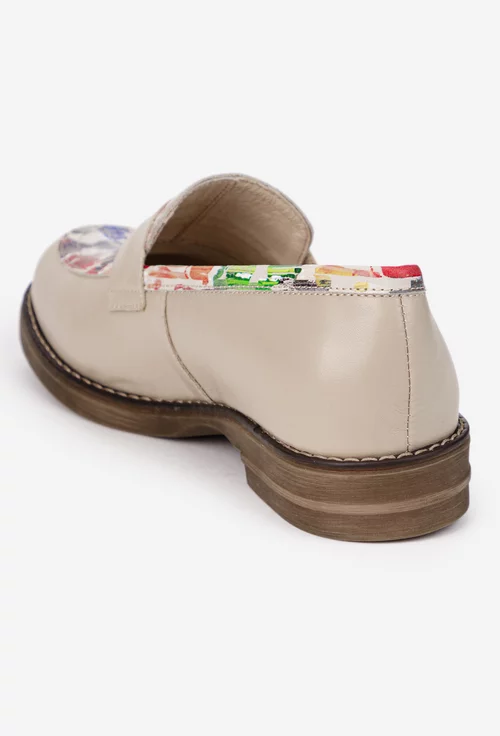 Pantofi dama bej cu detalii colorate din piele naturala