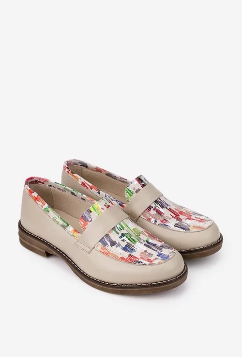 Pantofi dama bej cu detalii colorate din piele naturala