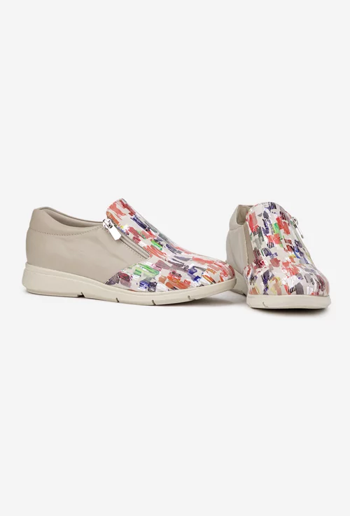 Pantofi dama bej cu detalii multicolore din piele naturala