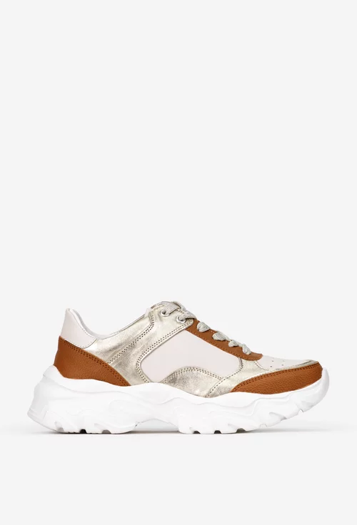 Pantofi dama bej cu maro si auriu din piele