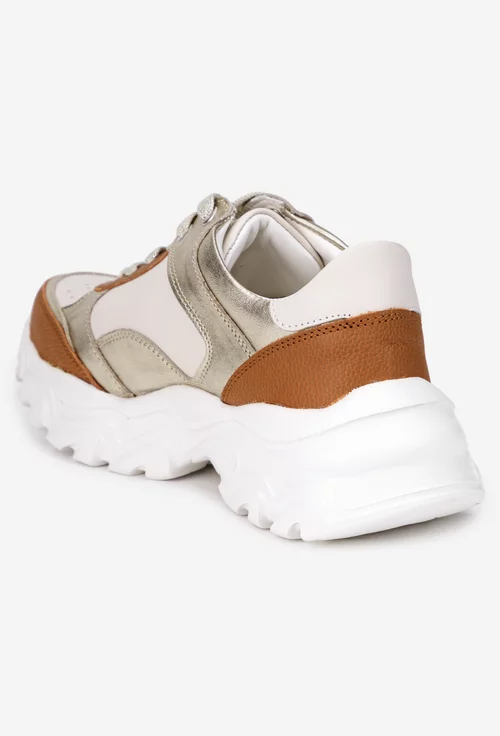 Pantofi dama bej cu maro si auriu din piele