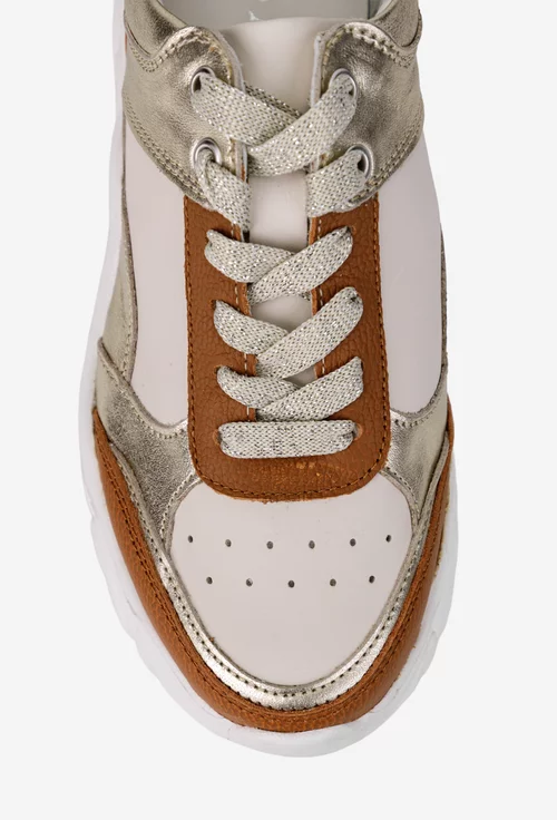 Pantofi dama bej cu maro si auriu din piele