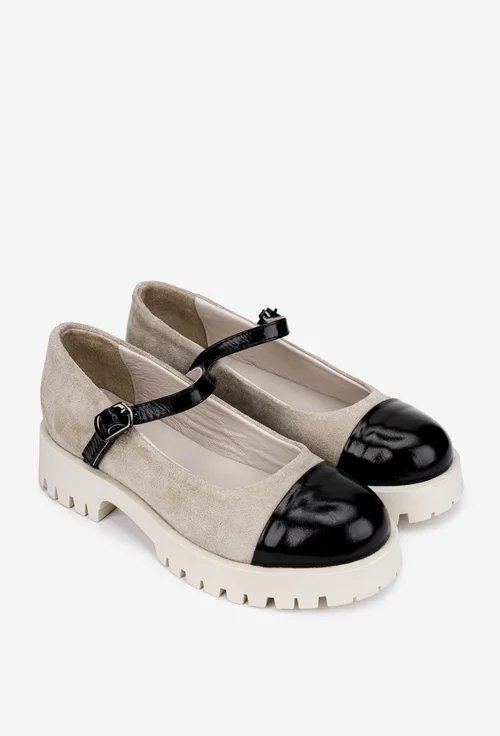 Pantofi dama bej cu negru din piele