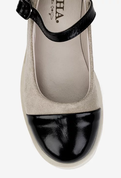 Pantofi dama bej cu negru din piele