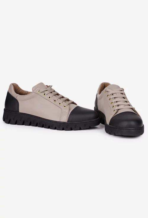 Pantofi dama bej cu negru din piele naturala