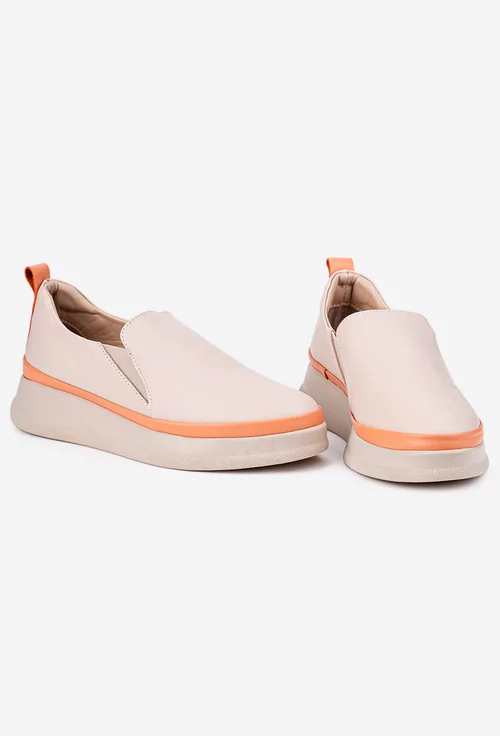 Pantofi dama bej cu portocaliu din piele naturala cu elastic