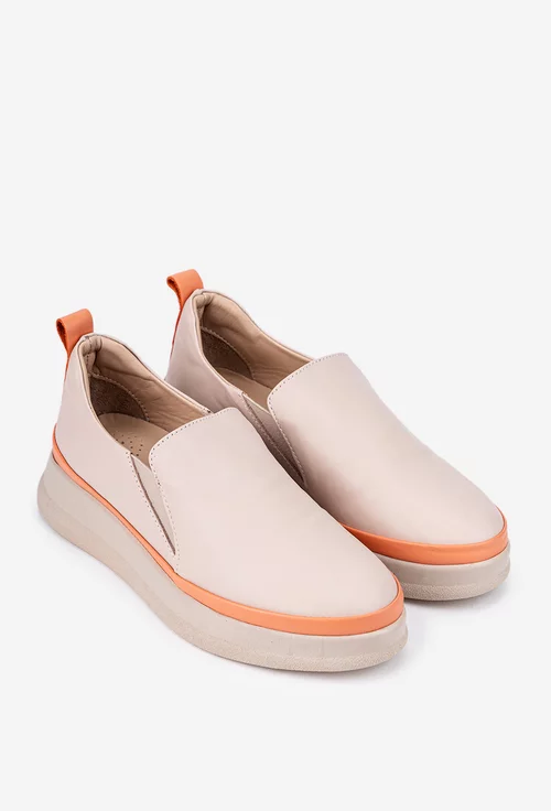 Pantofi dama bej cu portocaliu din piele naturala cu elastic