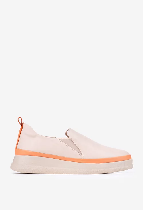 Pantofi dama bej cu portocaliu din piele naturala cu elastic