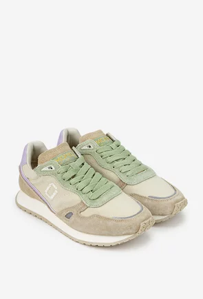 Pantofi dama bej cu verde din piele intoarsa si material textil