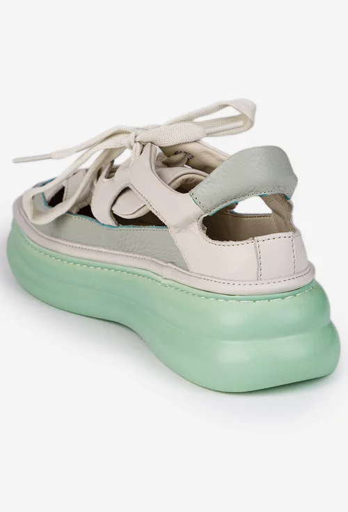 Pantofi dama bej deschis cu verde din piele cu decupaje