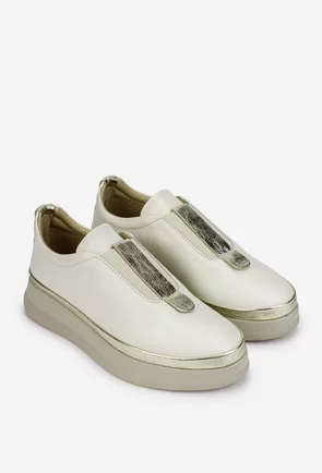 Pantofi dama bej din piele cu elastic si detalii aurii