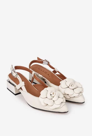 Pantofi dama bej din piele cu ornament floare