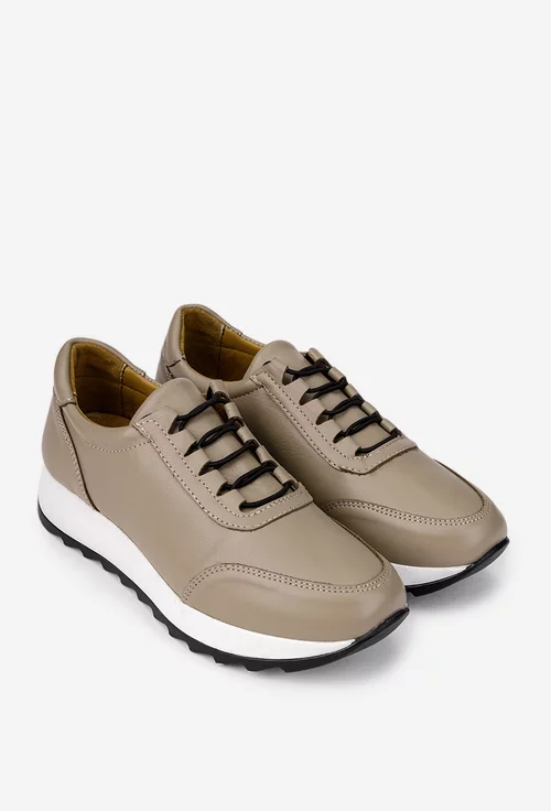 Pantofi dama bej din piele cu siret elastic